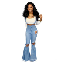 Trending Stylish Fall Autumn Fashion Sexy Ripped Overalls Womens Jean Plus Size Flared High Waist Pants